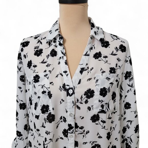 BCX Size L White with Black Floral Print Button Front Blouse, Exc. Used Cond. - Picture 4 of 15